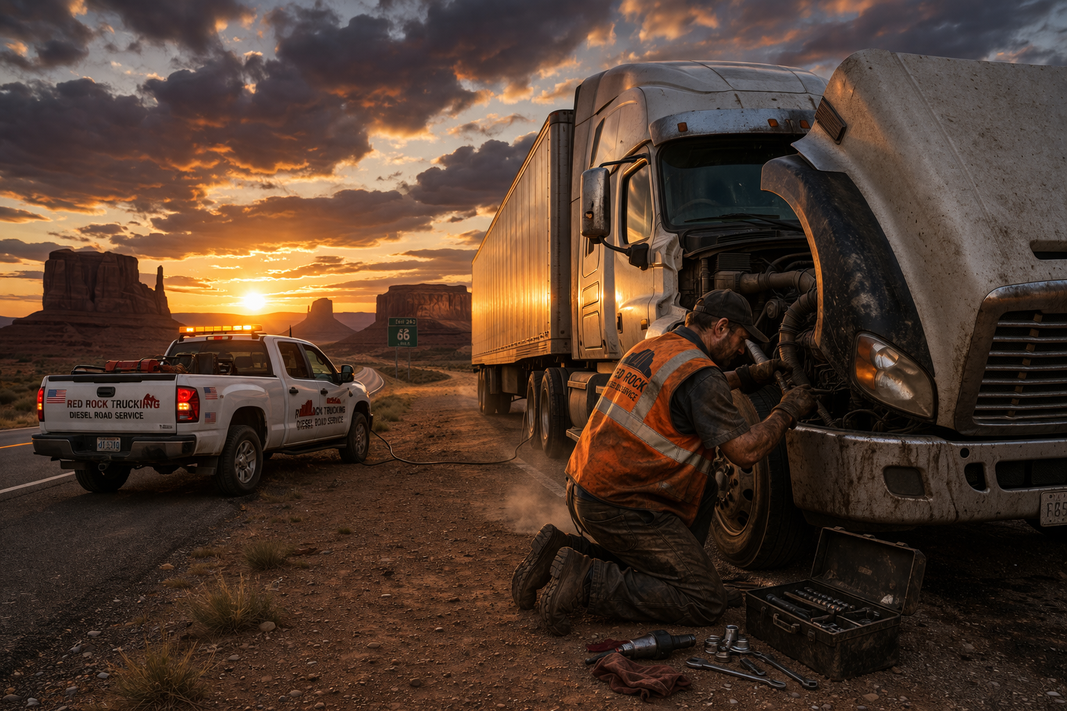 Red semi truck on highway at night